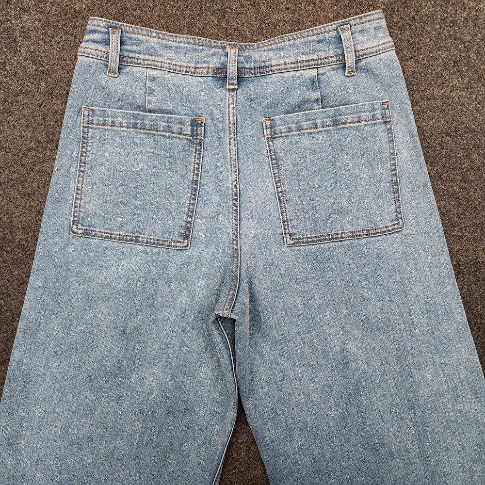 Miou Muse Womens Large Light Blue Wide Leg Denim Jeans Stretch Baggy Raw Hem - Picture 3 of 10